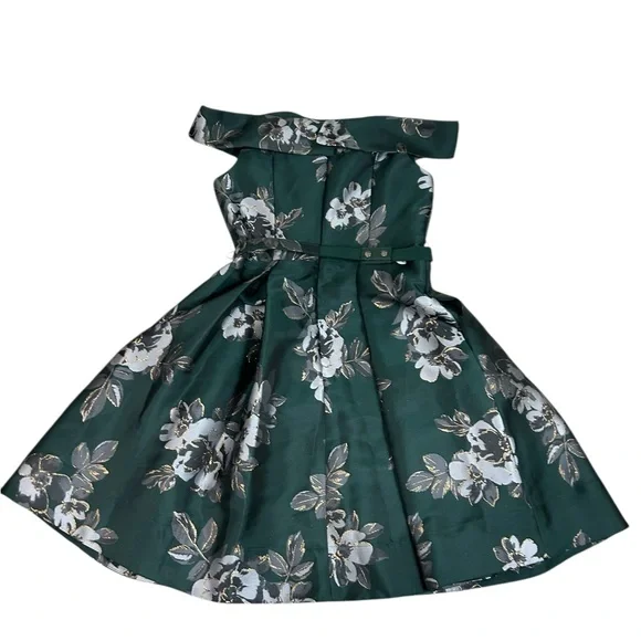Eliza J Off the Shoulder Emerald Green Brocade Floral Belted Dress Sz 10 - Picture 15 of 16